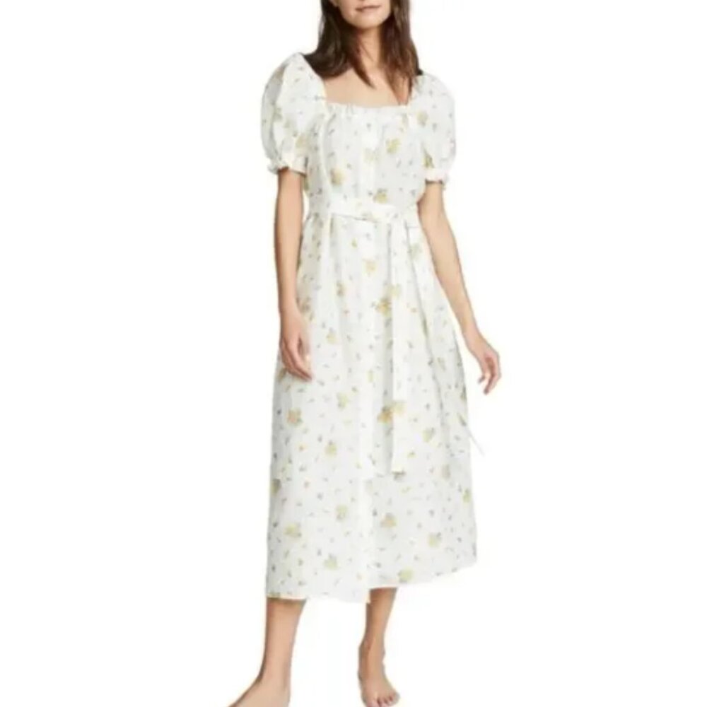 Sleeper Brigitte Linen Floral Midi Dress Mimosa Puff Sleeve Ivory Yellow Small - Picture 2 of 9